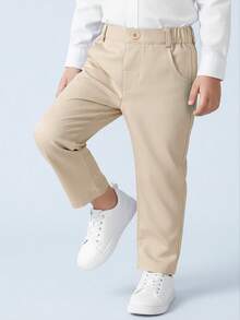BOARNSEORL Young Boys' Black Elastic Waist Solid Color Casual Comfortable Pants, Versatile For Spring/Autumn Daily Wear - Apricot - View 1