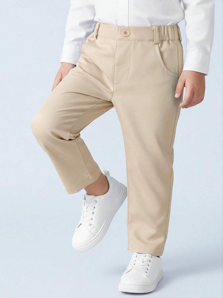 BOARNSEORL Young Boys' Black Elastic Waist Solid Color Casual Comfortable Pants, Versatile For Spring/Autumn Daily Wear - Apricot - View 1