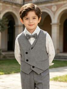 Young Boy Solid Color V-Neck Vest, Pants And Bow Tie Casual Suit Set - Grey - View 3