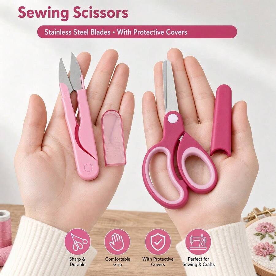 2pcs (1U-Shaped Scissors + 1 Round-Tip Scissors) With Covers, Stainless Steel Blades, Plastic Protective Caps, Portable And Easy Storage Design, Ergonomic Handle, Mainly Used For DIY Craft Cutting, Office Essential, Trimming Thread Ends, Cross-Stitch Thread, Fishing Line, Suitable For Crafting, Sewing, Musical Instrument Accessories Processing, Ramadan, Christmas, Halloween Gift Choice - 2-piece Set (1 U-shaped Thread Snip + 1 Round-tip Scissors) - View 1