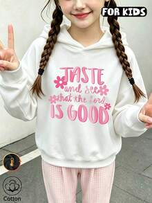 Girls Flower Letter Print Hoodie, Casual Long Sleeve Hooded Pullover - White - View 3