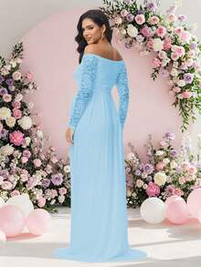 JustVH Maternity Lace V-Neck Long Sleeve Dress/Long Gown, Suitable For Photography, Baby Shower And Other Occasions - Baby Blue - View 2