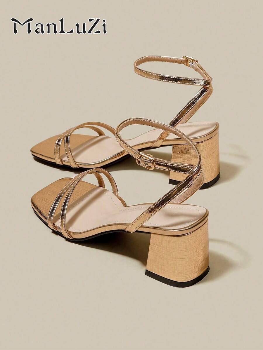 ManLuZi Women's Champagne Color High Heel Sandal, Cross Strap Open Toe Lace-Up Chunky Heel Sandals, Summer Shoes - Champagne - View 1