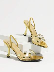 Women's Transparent High Heel Sandals With Gold Metal Rivet Decor And Back Ankle Strap, Elegant Fashionable Comfortable, Suitable For Banquet, Vacation, Outdoor Wear - Gold - View 6