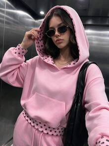 Women's Casual Fleece Lined Polka Dot Print Rib-Knit Pockets Oversized Long Sleeve Hoodies For Daily Wear,Winter Fall Clothes,Fall Winter Outfit - Pink - View 2