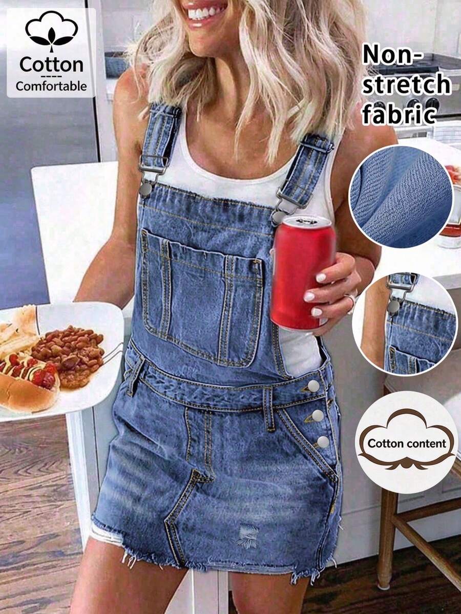 Rok Overall Denim Wanita Gaya Vintage dengan Tepi Kasar dan Tali Bahu yang Dapat Diatur, Rok Overall Denim Sobek dengan Banyak Saku, Gaya Kasual, Imut, dan Serbaguna