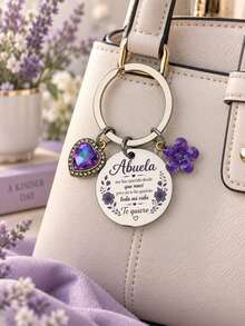 Stainless Steel Abuela Keychain, Spanish Quote Grandma Key Ring With Purple Heart Flower Charms, Grandmother Gift Bag Accessory - Multicolor - View 5