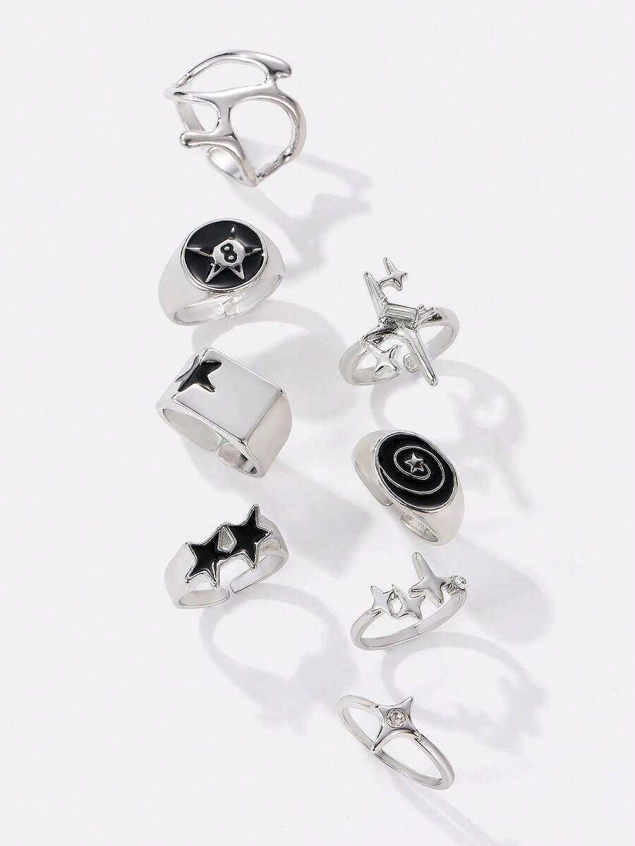 Kryxie 8pcs Vintage Punk Hip Hop Premium Ring Set Suitable For Daily Wear, Gatherings, Parties And Music Festivals - Silver - View 1