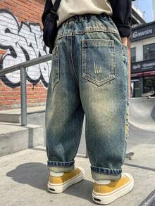 Boys' Kids' Toddler Spring Autumn All-Season Fashion Loose Fit Distressed Patchwork Letter Print Scratch Detail Street Style Denim Jeans Long Pants For Casual Daily Outdoor Wear - Blue - View 2