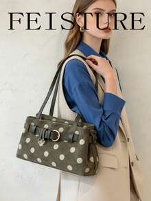 FEISTURE 1pc Polka Dot Strap Decor Shoulder Bag, Suede Underarm Bag, Suitable For Daily Outings, Dates, Commuting - Green - View 2