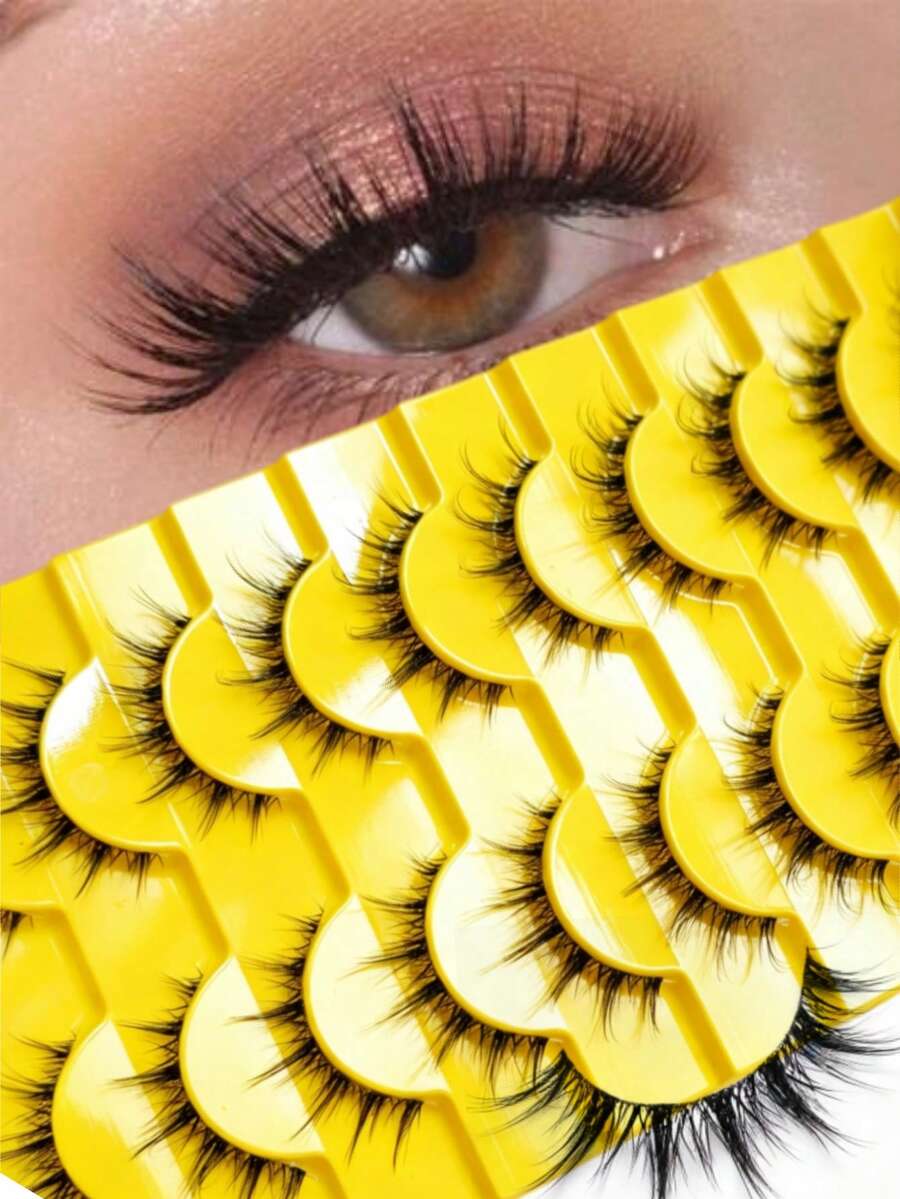 10 Pairs Natural Look Fluffy Strip False Eyelashes, Wispy Soft Faux Mink Lashes, Light Volume Full Band Lashes, Comfortable Reusable Fake Lashes For Everyday Wear & Soft Glam Makeup - Black - View 1