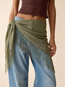 1PC Solid Color Tassel Shiny Silk Triangle Scarf, Can Be Used As Belt, Bag Decoration, Ribbon, Hairband, Suitable For Daily Wear, Wedding, Formal Occasion, Summer Beach - Green - View 4