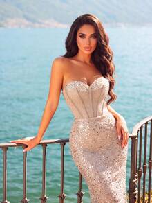 Elegant Women's Luxury Mermaid Evening Gown, Embellished With Sequins And Pearls, Cold Shoulder Long Backless Design, Suitable For Grand Balls - Champagne - View 9
