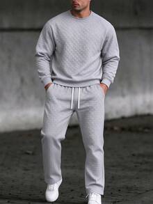 2pcs Gray Plaid Embossed Crew Neck Men's Set, Men's Long Sleeve Sweatshirt Set, Men's Drawstring Pants, Textured Plaid Design, Casual Sports Style, Campus, Friends Gathering, Commuting, Short Trips - Grey - View 5