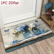 1pc Flannel Doormat, Indoor Entry Rug, Non-Slip Rubber Backing Carpet, Machine Washable Entry Rug, Farmhouse Country Style Rug, Mason Jar Daisy Butterfly Pattern Doormat, Absorbent Kitchen Mat, Hallway Porch Decor Rug, Housewarming Gift Rug - Multicolor - View 2