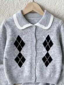 Tween Girls Preppy Style Argyle Print Contrast Color Peter Pan Collar Button-Front Knit Cardigan & A-Line Knit Mini Skirt 2 Pieces, Soft Long Sleeve Knit Wear For Back To School Autumn Casual Wear - Grey - View 5