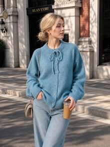 Women Fall Tie Neck Knit Cardigan, Christmas Button Front Solid Sweater Jacket, Casual Outfit For City Walk & Holiday Gathering - Teal Blue - View 4