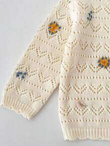 Baby Girls Spring/Autumn New Clothing, Floral Embroidered Pure Cotton Sweater, Girls Versatile Knit Cardigan, Hollow Long Sleeve Jacket - Apricot - View 9