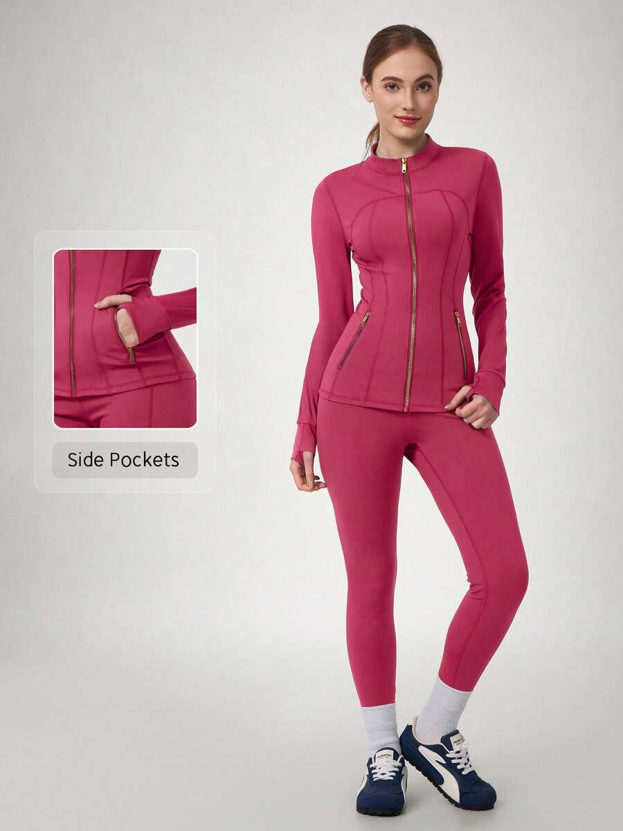 NcmRyu 1-Piece Women's Mandarin Collar Zipper Thumb-Hole Top With Pockets And Fishbone Stitching Jacket And Butt-Lifting Long Pants Set - Pink - View 1
