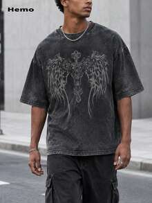 Hemo, Hemo, Men's Casual Distressed Washed Round Neck Dropped Shoulder Sleeve T-Shirt With Wing Print, Summer - Black - View 1