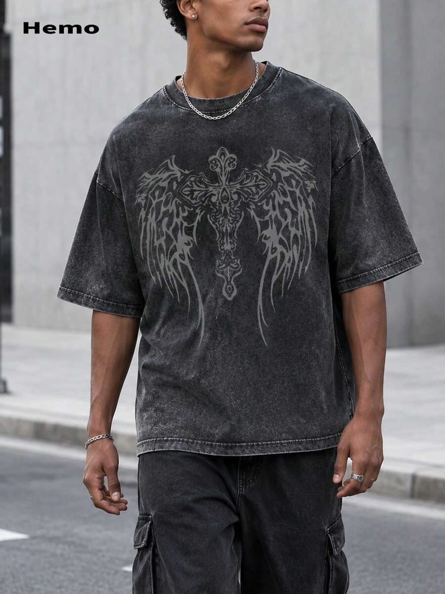Hemo, Hemo, Men's Casual Distressed Washed Round Neck Dropped Shoulder Sleeve T-Shirt With Wing Print, Summer - Black - View 1