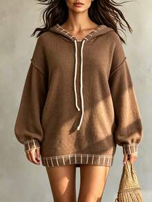 Plus Size Casual Fashion Versatile Drawstring Hooded Long Sleeve Knit Pullover Sweater - Brown - View 1