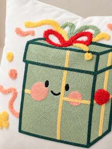 1pc/2pcs Christmas Gift Box Embroidered Pillowcase, Cute Cartoon Fun Cushion Cover, Ivory White Children's Christmas Throw Pillow Cover, Suitable For Sofa, Living Room, Baby Room, Fun Holiday Home Decor, Size 18x18, Insert Not Included - Green - View 2