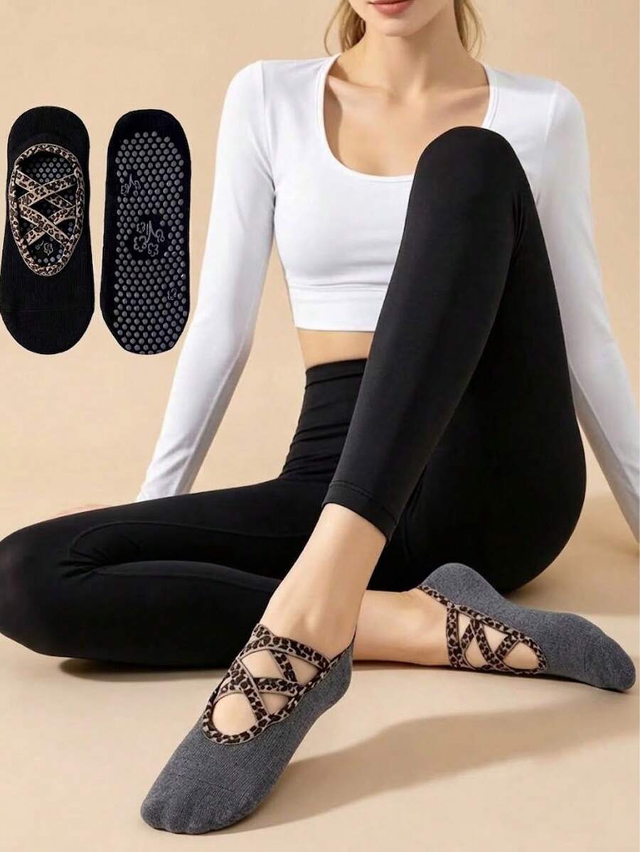 1/3 Pairs Leopard Print Criss-Cross Strap Yoga Non-Slip Boat Socks, Silicone Grip Floor Socks, Indoor Home Dance Pilates Sports Invisible Socks (Cardboard Not Included) - Multicolor - View 1