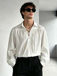 WAIT HIM Men's Vintage Lace-Up Puff Sleeve Shirt, Renaissance Style Loose White Casual Top, Suitable For Cosplay And Daily Wear - White - View 1