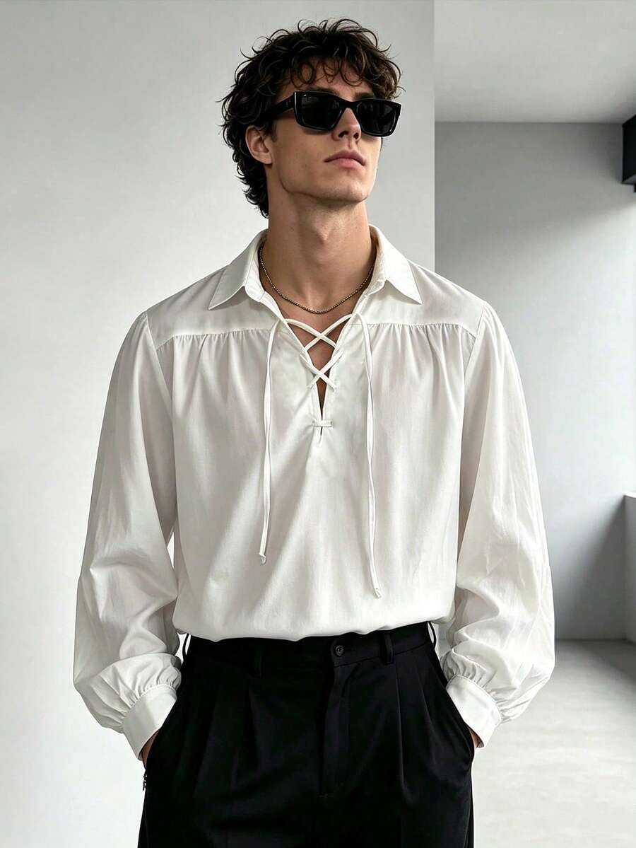 WAIT HIM Men's Vintage Lace-Up Puff Sleeve Shirt, Renaissance Style Loose White Casual Top, Suitable For Cosplay And Daily Wear - White - View 1