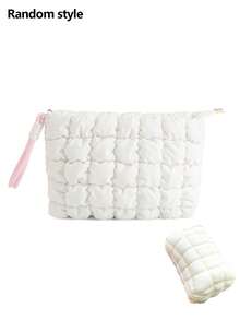 2pcs White Cloud Makeup Bag Solid Color Pleated Bubble Storage Bag Large Capacity Casual Portable Versatile Handheld Puff Cloud Bag - Multicolor - View 2