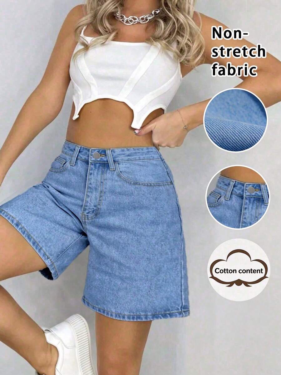 Women's Solid Color Bermuda Denim Shorts, Simple And Fashionable, Suitable For Summer Casual Wear
