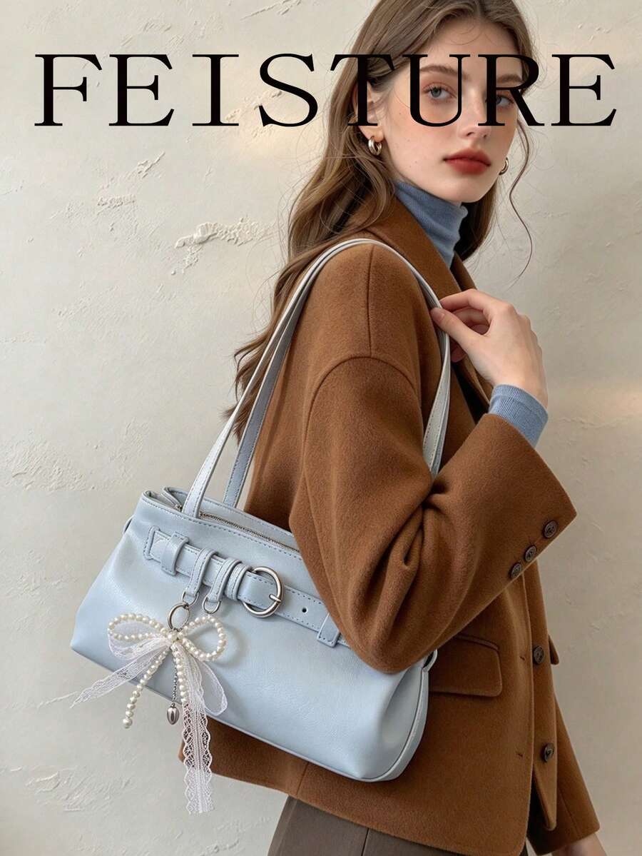 FEISTURE 1個復古肩帶裝飾腋下包，PU材質，附吊飾，適合日常出遊、約會、通勤
