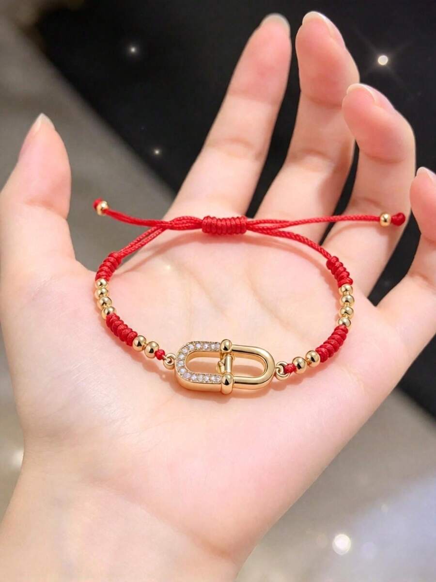 1pc Elegant Korean Style Zirconia Rhombus Flower Adjustable Bracelet, Light Luxury Design, Exquisite Commuter Versatile Hand Jewelry - U-shaped Drawstring - View 1