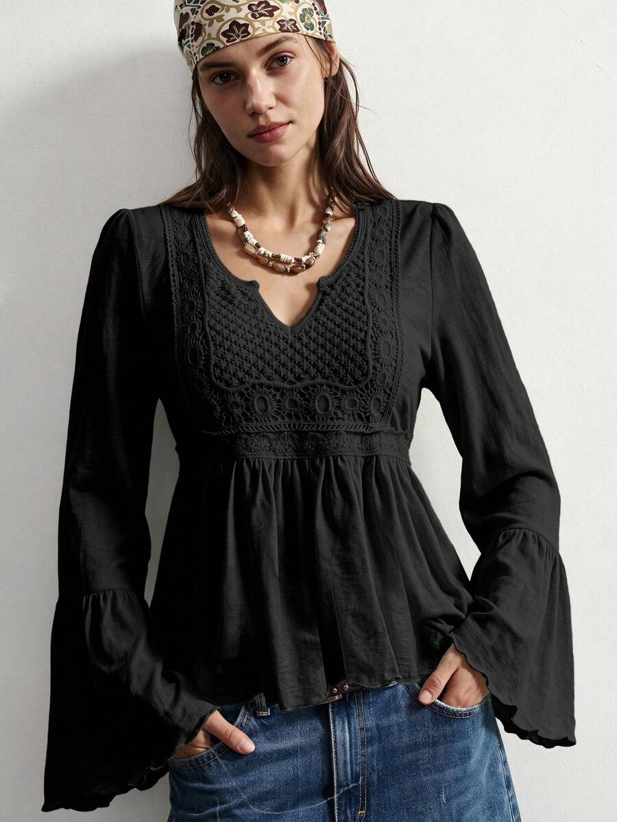 Rusttydustty Black Pure Cotton Casual Vacation Bell Sleeve Top, Suitable For Bohemian Style, Daily Wear, Autumn, Halloween - Black - View 1