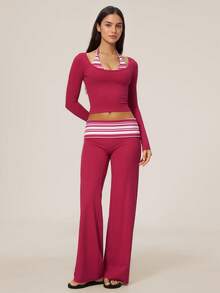 TimeOff Setelan Satu Set Wanita Musim Gugur/Dingin Garis-garis 2 In 1 Patchwork Lengan Panjang Pinggang Lipat Celana Panjang Kaki Lebar - Red Violet - View 10