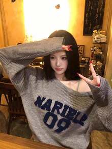 美式復古慵懶性感露肩女款毛衣 秋冬寬鬆針織上衣 - 灰色 - 查看 4