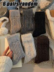 3/6 Pairs Random Women's Winter Solid Color Polka Dot Yarn Soft Palace Vintage Socks, Daily Versatile British Style - Multicolor - View 9