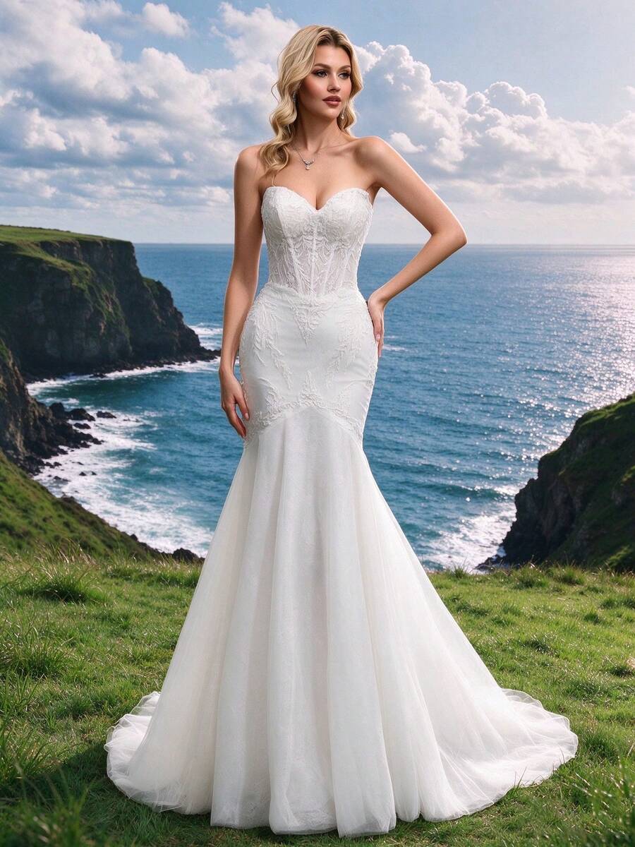Fish Tail Wedding Dress, Bridal Main Veil, Strapless Embroidered Mesh Trailing Wedding Gown, White Wedding Dress, Private Wedding Dress Spring Fall