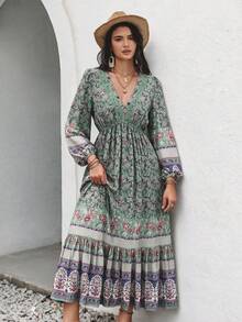 Rusttydustty Women's Vacation Style Elegant Garden Floral V-Neck Long Sleeve Dress - Green - View 3