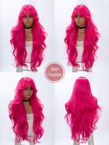 alicegarden 32 Inch Long Synthetic Wig, Natural Wavy Curls, Stunning Rose Red, With Bangs, Suitable For Women's Daily, Party, Cosplay Use, Natural And Durable Wig Gift - Hot Pink - View 8