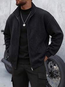 1pc Men's Black Full-Body Cable Knit Jacquard Textured Stand Collar Full Zip Cardigan, Drop Shoulder Loose Fit, Side Pockets, Minimalist Casual Style Jacket, Suitable For Daily Commute And Streetwear - Black - View 3