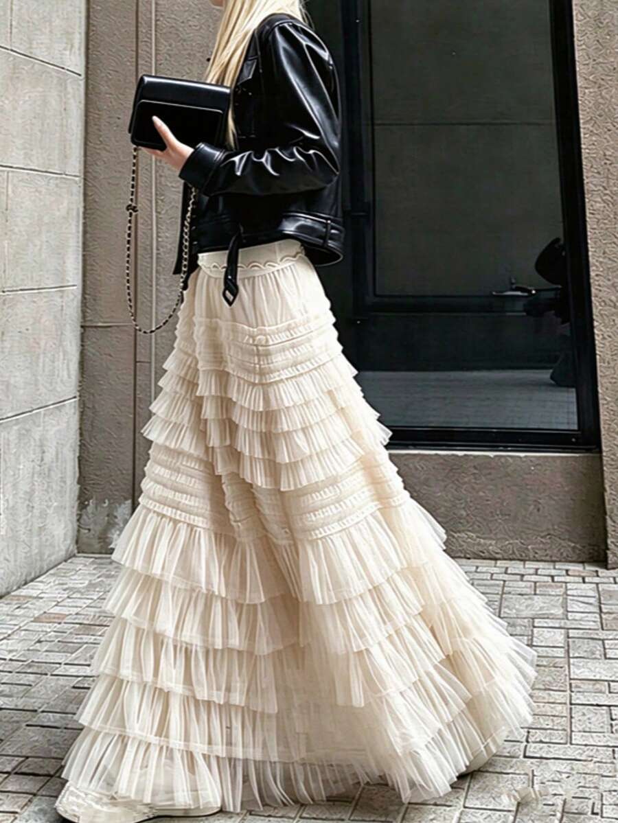 2026 Falda de cintura alta con diseño de volantes de malla multicapa para mujer, nueva para el verano - Albaricoque - Ver 1