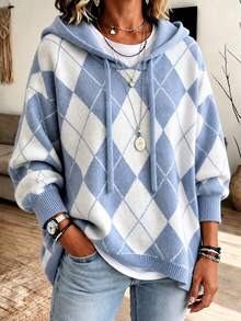 Women's Plus-Size Diamond-Patterned Drawstring Hooded Pullover Sweater, Long Bat-Sleeved Ribbed Knitted Top For Autumn And Winter, Slightly Elastic - Blue - View 3
