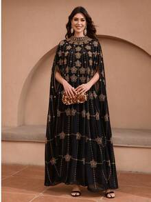 JINLICX Vestido de fiesta formal de lujo de gasa negra con bordado de strass dorado y mangas capa - Negro - Ver 1