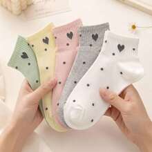 5 Pairs Women's 5-Color Heart & Polka Dot Short Socks, Sweet Versatile Casual Spring/Autumn Socks - Multicolor - View 5