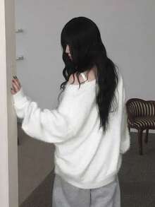 Soft Fluffy V-Neck Cardigan Sweater, Loose Fit Slimming Knit Open Front Jacket - White - View 3