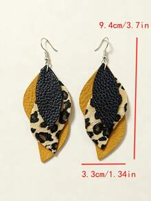 1 Pair Vintage Western Style Multi-Layer PU Leather Earrings, Sexy Leopard Print Color Block Leaf Bohemian Earrings - Multicolor - View 2