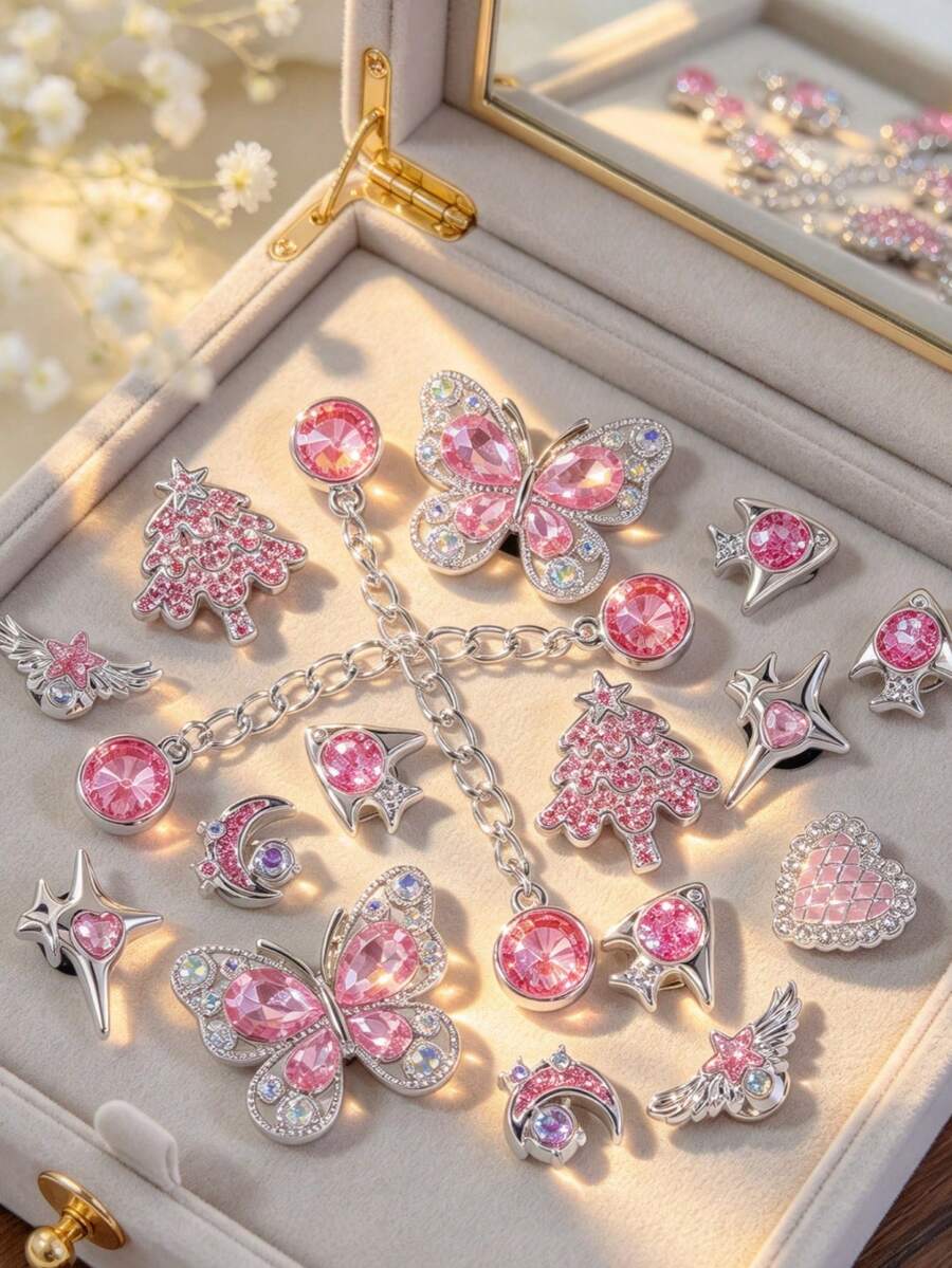 18pcs Silver Base Pink Rhinestone Chain Shoe Charms Butterfly Heart Four-Point Star Flower Detachable DIY Accessories Fit Perforated Sandals Slippers Holiday Gift - Silver Pink - View 1