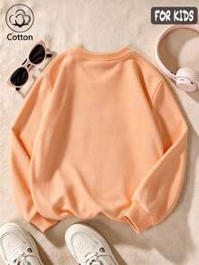 Cotton Girls' Crew Neck Sweatshirt, Loose Fit For Autumn And Winter, Cute Sweet Girl's Preppy Style - Hami Melon Orange - View 4